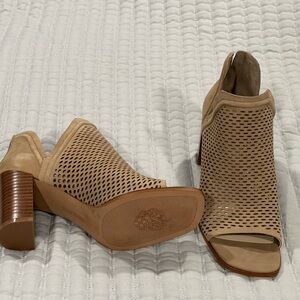 Tan open toed ankle heels by Vince Camuto